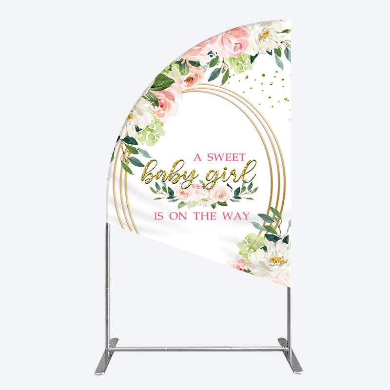 Aperturee - Aperturee Floral Pink Glitter Gold Baby Shower Half Moon Arch Backdrop