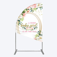 Aperturee - Aperturee Floral Pink Glitter Gold Baby Shower Half Moon Arch Backdrop