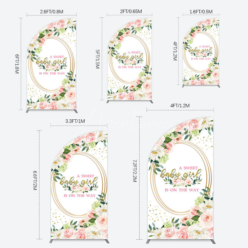 Aperturee - Aperturee Floral Pink Glitter Gold Baby Shower Half Moon Arch Backdrop