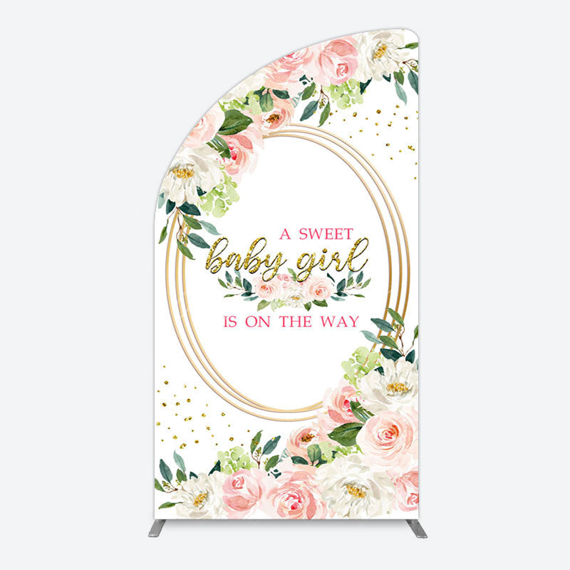 Aperturee - Aperturee Floral Pink Glitter Gold Baby Shower Half Moon Arch Backdrop