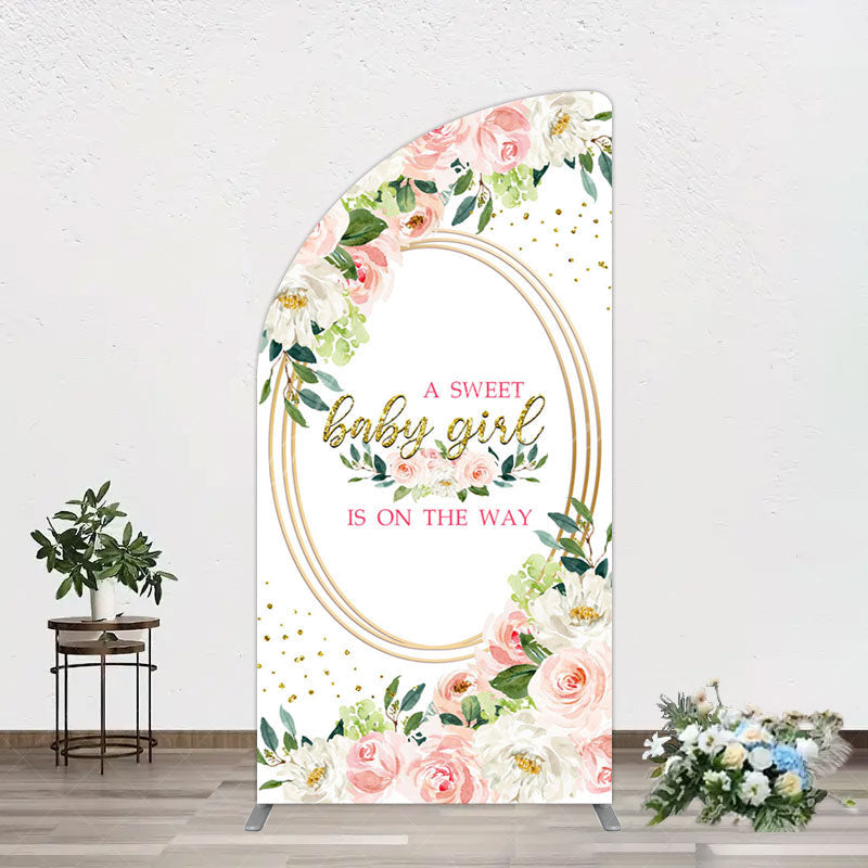 Aperturee - Aperturee Floral Pink Glitter Gold Baby Shower Half Moon Arch Backdrop