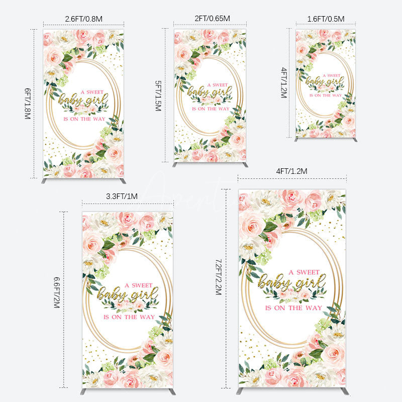 Aperturee - Aperturee Floral Pink Glitter Gold Baby Shower Rectangle Backdrop