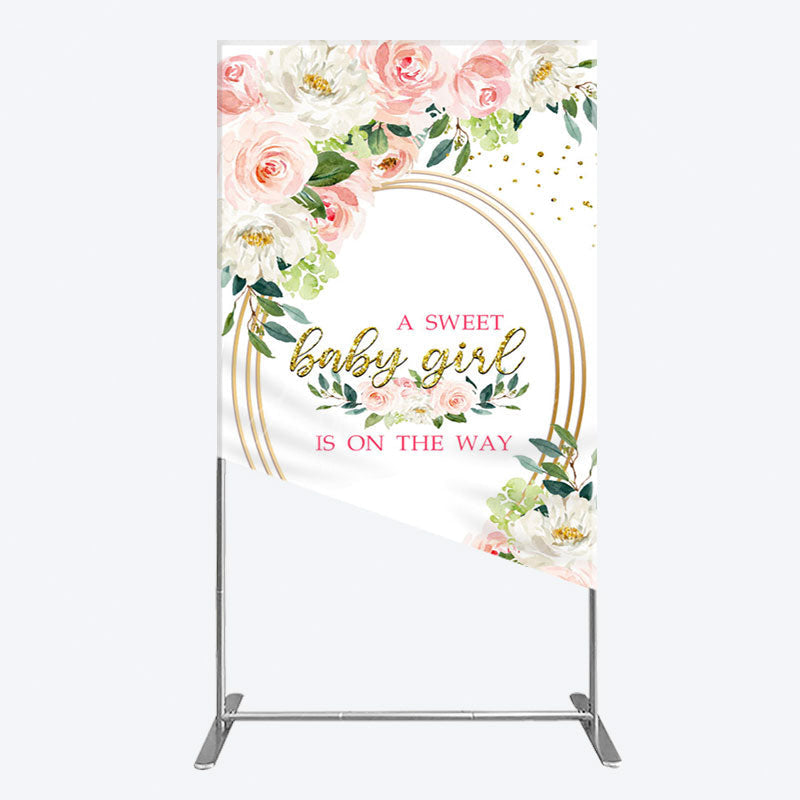 Aperturee - Aperturee Floral Pink Glitter Gold Baby Shower Rectangle Backdrop