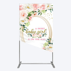 Aperturee - Aperturee Floral Pink Glitter Gold Baby Shower Rectangle Backdrop