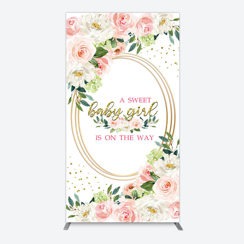 Aperturee - Aperturee Floral Pink Glitter Gold Baby Shower Rectangle Backdrop