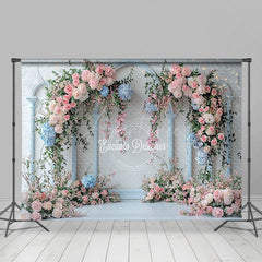 Aperturee - Aperturee Floral Pink Triple Arch White Wall Wedding Backdrop