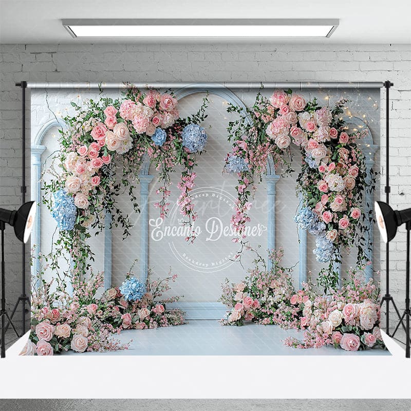 Aperturee - Aperturee Floral Pink Triple Arch White Wall Wedding Backdrop