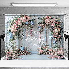 Aperturee - Aperturee Floral Pink Triple Arch White Wall Wedding Backdrop