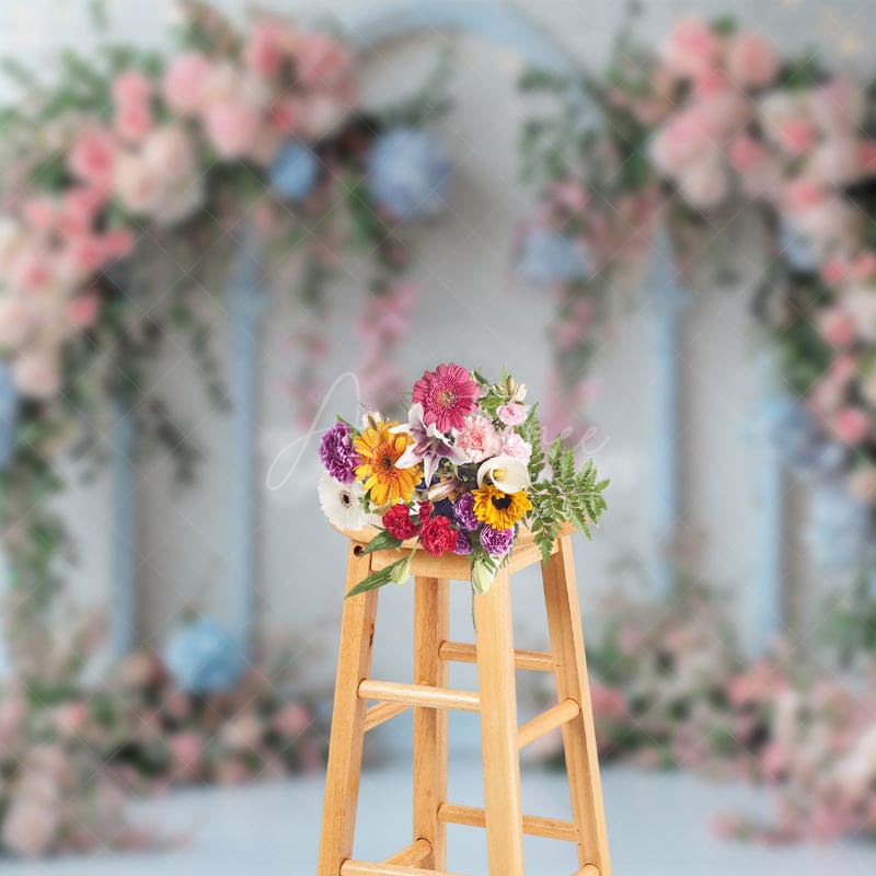 Aperturee - Aperturee Floral Pink Triple Arch White Wall Wedding Backdrop