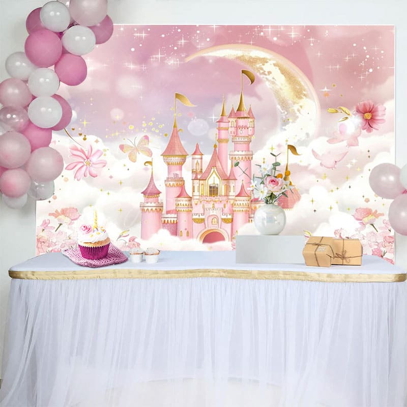 Aperturee - Aperturee Floral Pink Wonderland Night Castle Cloud Backdrop