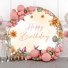 Aperturee - Aperturee Floral Pumpkins Maple Round Happy Birthday Backdrop