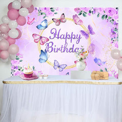 Aperturee - Aperturee Floral Purple Butterflies Happy Birthday Backdrop