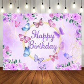 Aperturee - Aperturee Floral Purple Butterflies Happy Birthday Backdrop