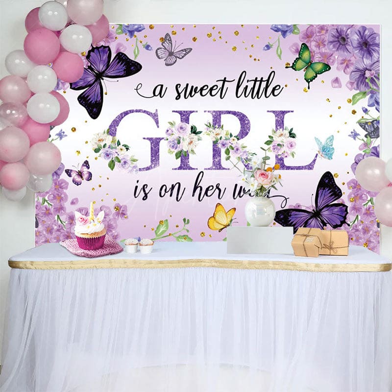 Aperturee - Aperturee Floral Purple Butterfly Girl Baby Shower Backdrop