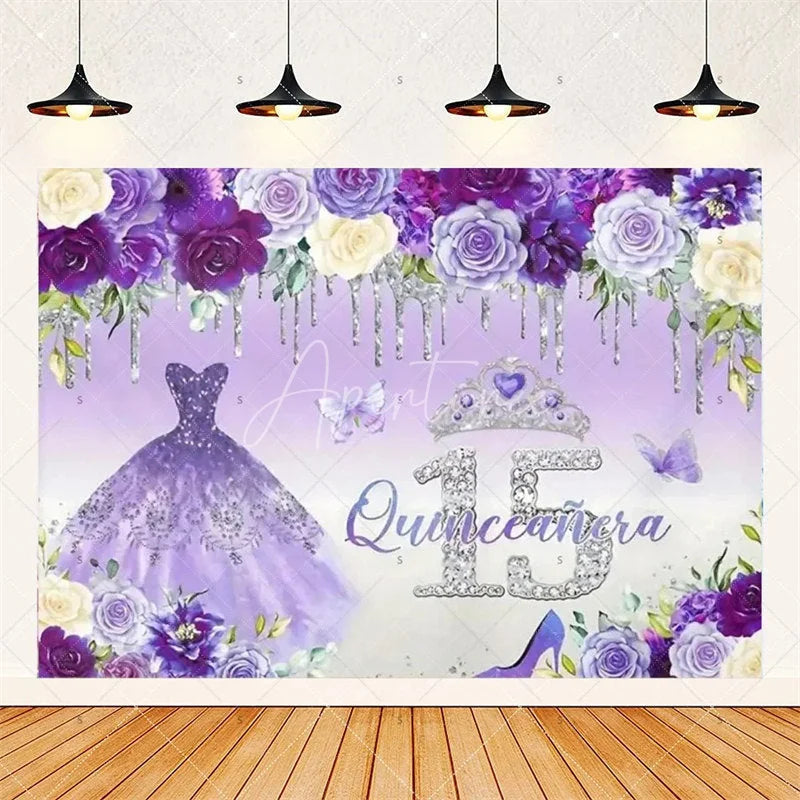 Aperturee - Aperturee Floral Quinceanera 15th Birthday Backdrop Elegant Princess Decor with Blossoms Pink Gold Photo Wall for Sweet Fifteen