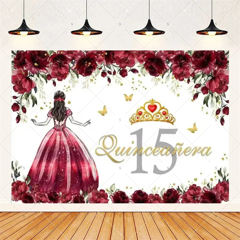Aperturee - Aperturee Floral Quinceanera 15th Birthday Backdrop Elegant Princess Decor with Blossoms Pink Gold Photo Wall for Sweet Fifteen