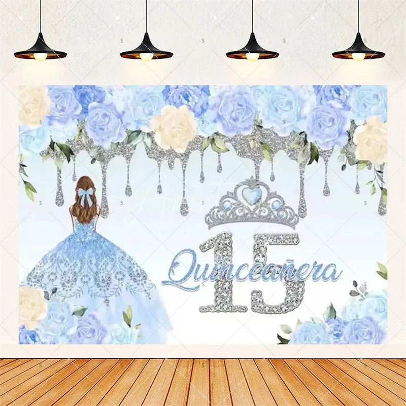 Aperturee - Aperturee Floral Quinceanera 15th Birthday Backdrop Elegant Princess Decor with Blossoms Pink Gold Photo Wall for Sweet Fifteen