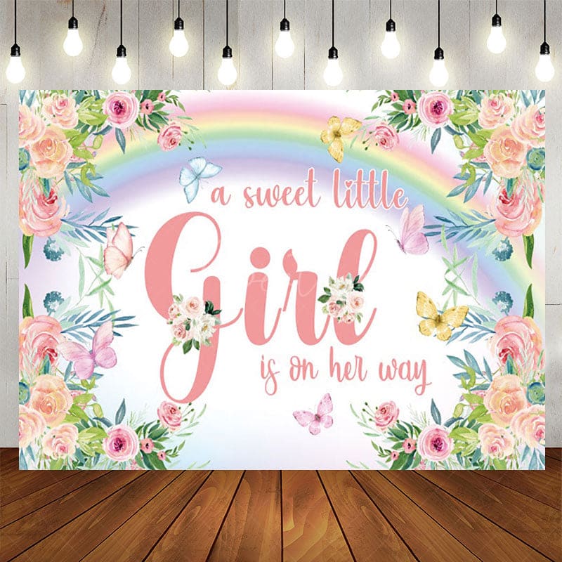 Aperturee - Aperturee Floral Rainbow Butterfly Girl Baby Shower Backdrop