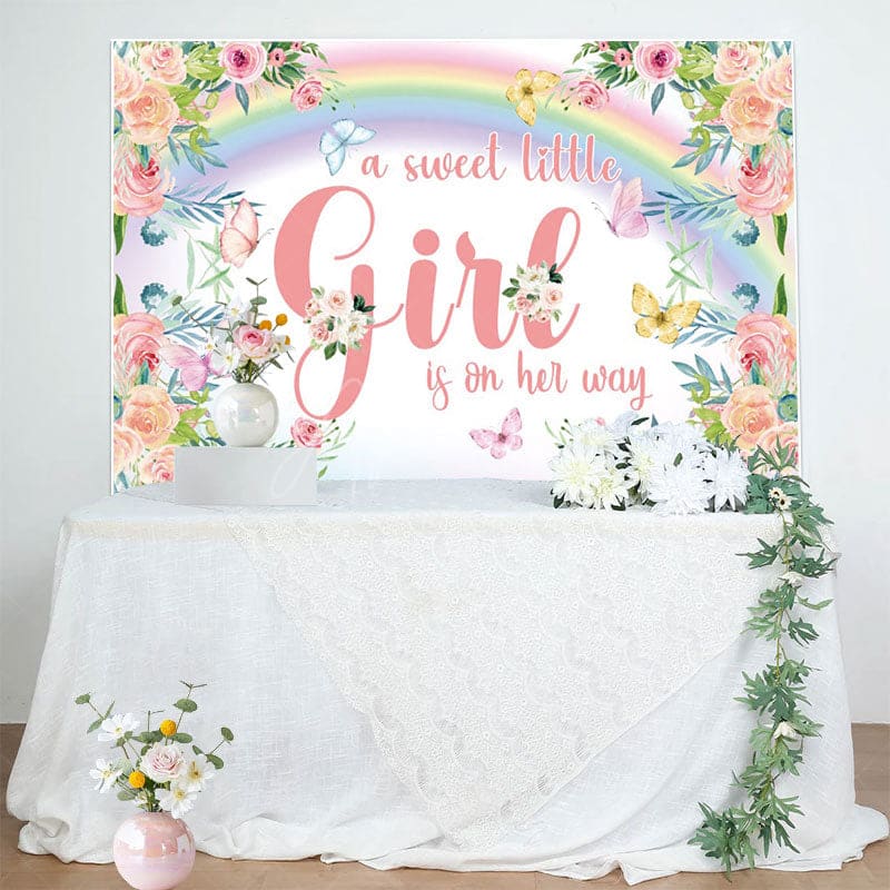 Aperturee - Aperturee Floral Rainbow Butterfly Girl Baby Shower Backdrop