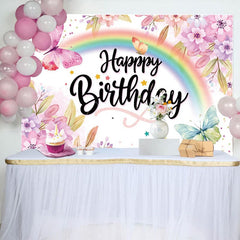 Aperturee - Aperturee Floral Rainbow Butterfly Happy Birthday Backdrop