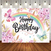 Aperturee - Aperturee Floral Rainbow Butterfly Happy Birthday Backdrop