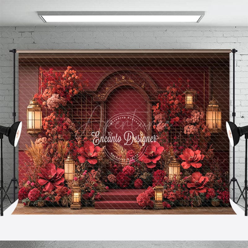 Aperturee - Aperturee Floral Red Chinese Style Sweet Wedding Photo Backdrop