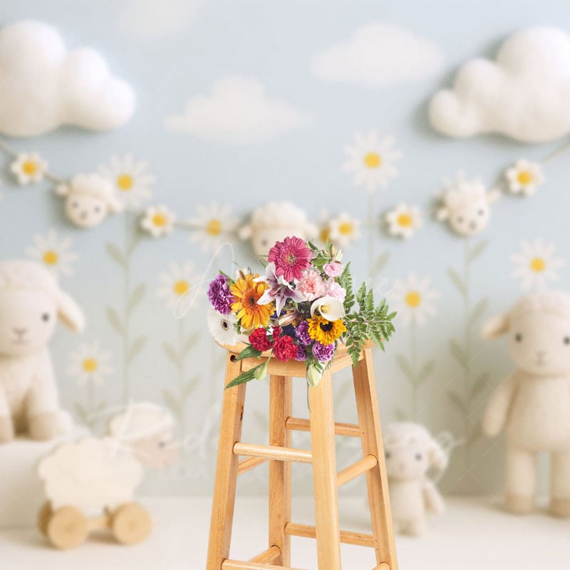 Aperturee - Aperturee Floral Sky Lambs Photography Cake Smash Backdrop