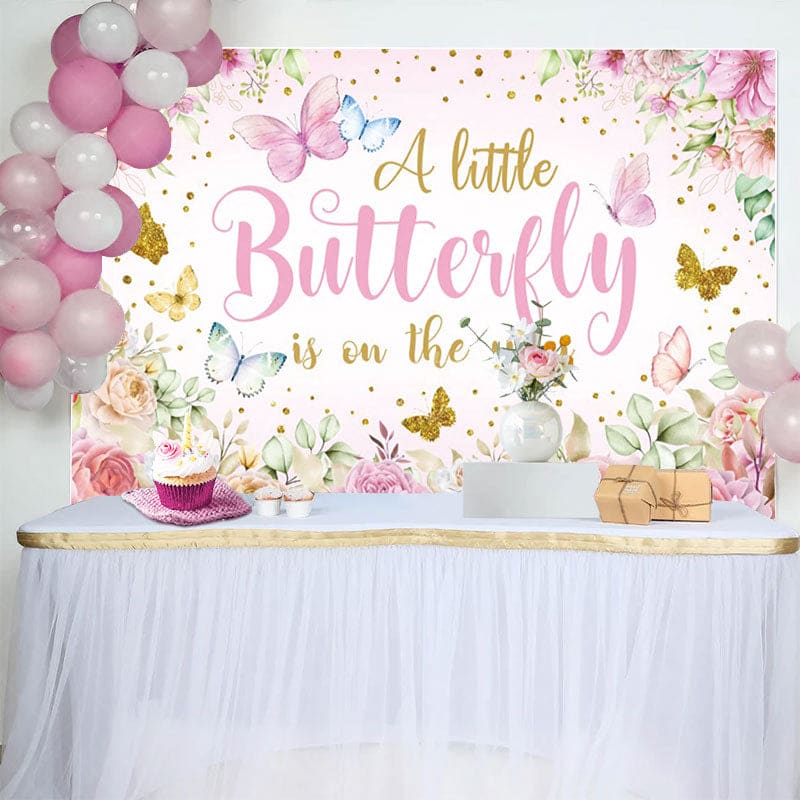 Aperturee - Aperturee Floral Spring Butterfly Glitter Baby Shower Backdrop