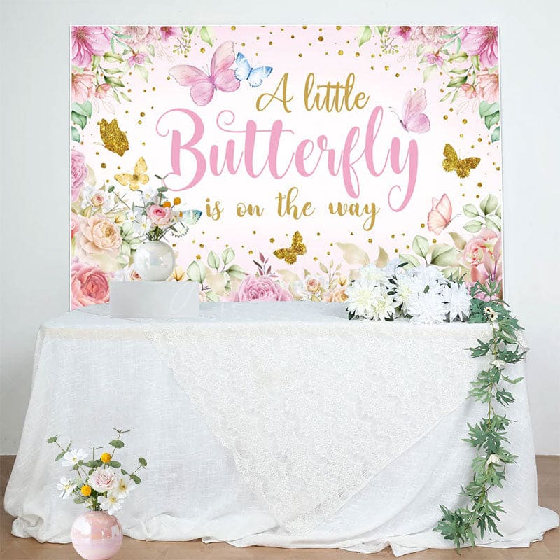Aperturee - Aperturee Floral Spring Butterfly Glitter Baby Shower Backdrop