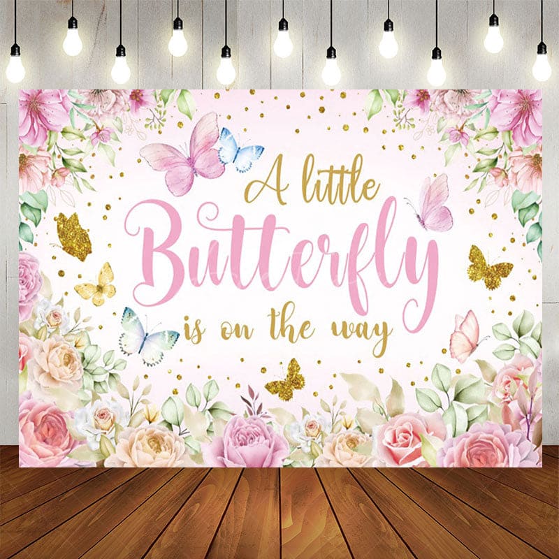 Aperturee - Aperturee Floral Spring Butterfly Glitter Baby Shower Backdrop