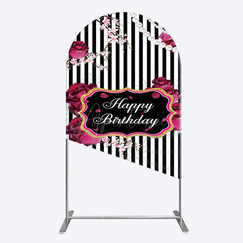 Aperturee - Aperturee Floral Stripe Pearl Happy Birthday Arch Backdrop