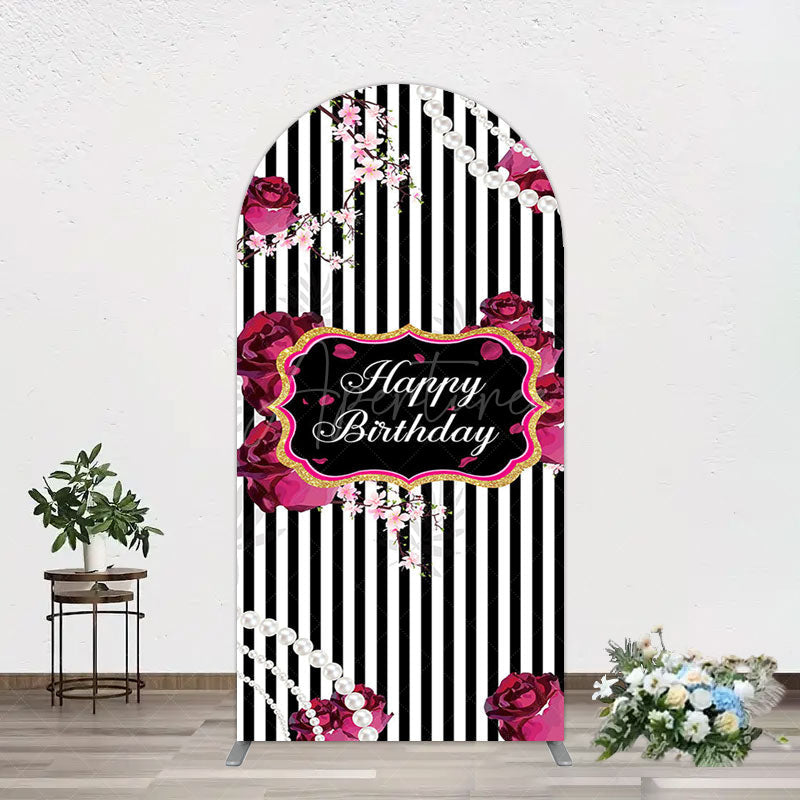 Aperturee - Aperturee Floral Stripe Pearl Happy Birthday Arch Backdrop