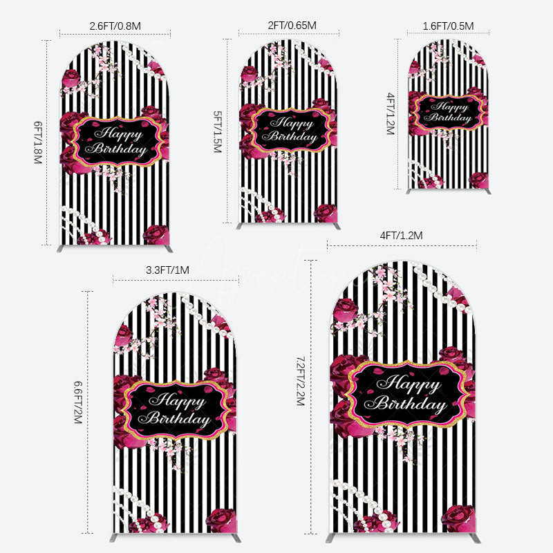 Aperturee - Aperturee Floral Stripe Pearl Happy Birthday Arch Backdrop