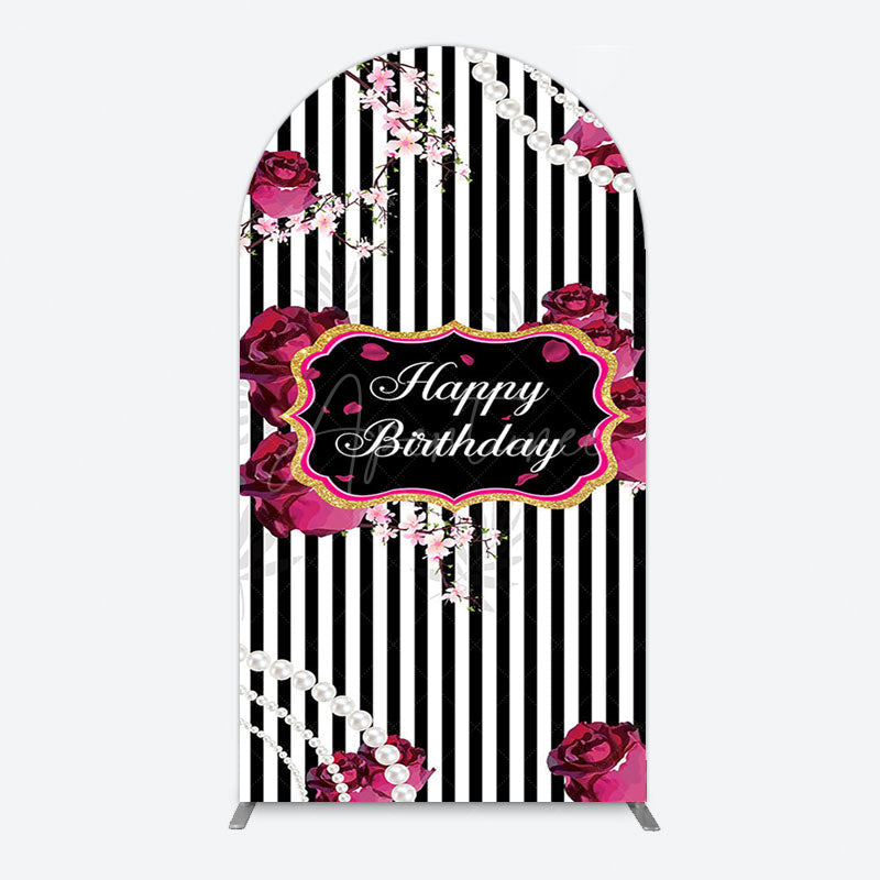 Aperturee - Aperturee Floral Stripe Pearl Happy Birthday Arch Backdrop