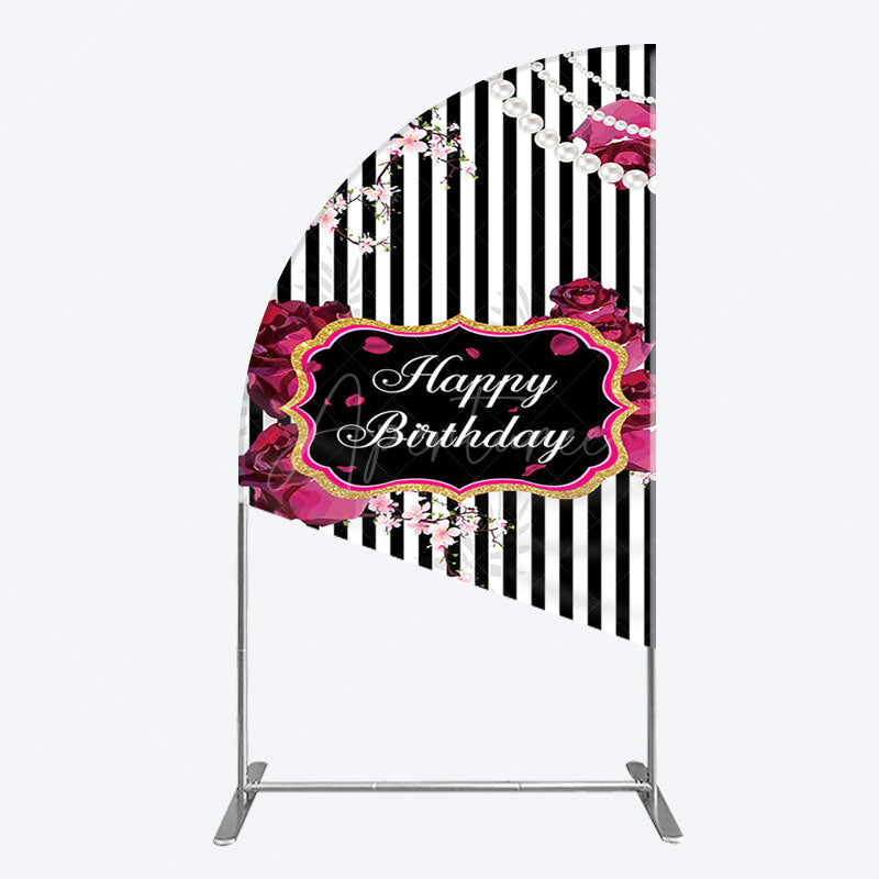 Aperturee - Aperturee Floral Stripe Pearl Happy Birthday Half Moon Arch Backdrop