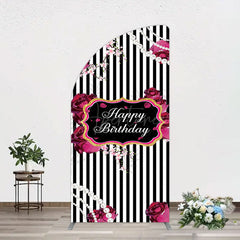 Aperturee - Aperturee Floral Stripe Pearl Happy Birthday Half Moon Arch Backdrop