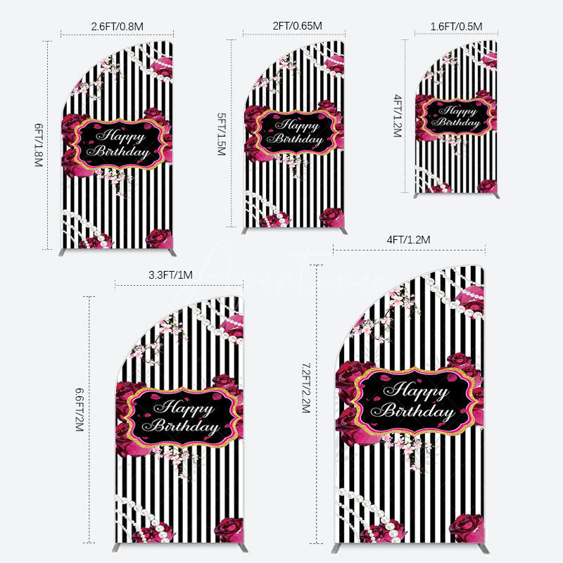 Aperturee - Aperturee Floral Stripe Pearl Happy Birthday Half Moon Arch Backdrop