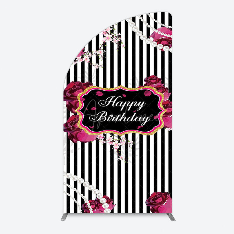 Aperturee - Aperturee Floral Stripe Pearl Happy Birthday Half Moon Arch Backdrop