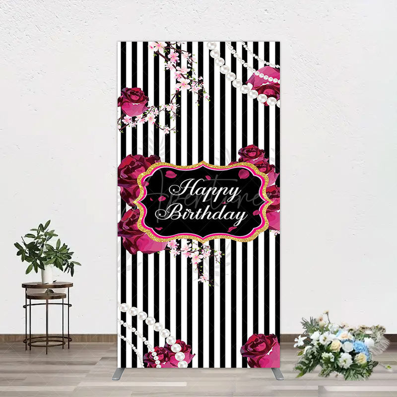 Aperturee - Aperturee Floral Stripe Pearl Happy Birthday Rectangle Backdrop