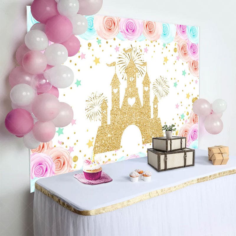 Aperturee - Aperturee Floral Sweet Color Castle Happy Birthday Backdrop