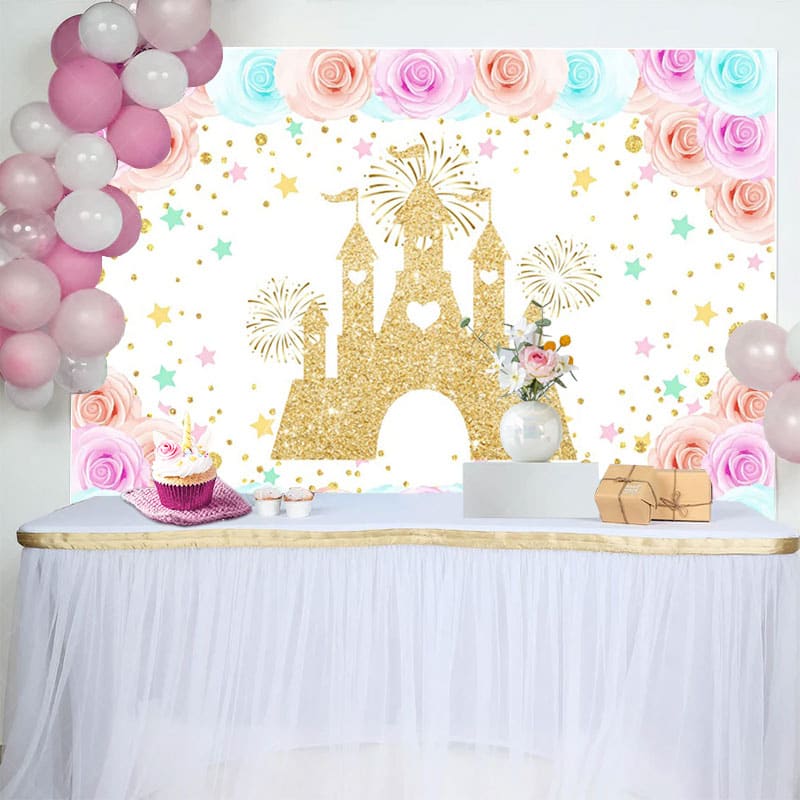 Aperturee - Aperturee Floral Sweet Color Castle Happy Birthday Backdrop