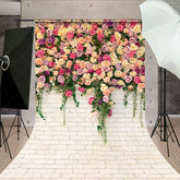 Aperturee - Aperturee Floral Sweet White Brick Wall Spring Sweep Backdrop