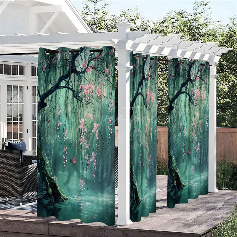 Aperturee - Aperturee Floral Tree Green Waterproof Printed Outdoor Curtains