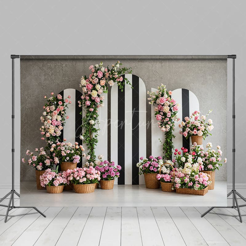 Aperturee - Aperturee Floral Triple Stripe Arch Grey Wall Wedding Backdrop