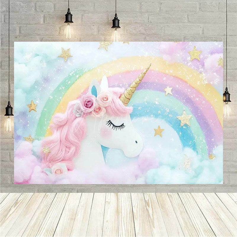 Aperturee Aperturee Floral Unicorn Birthday Backdrop Rainbow Pastel Celebration Whimsical Photography Background
