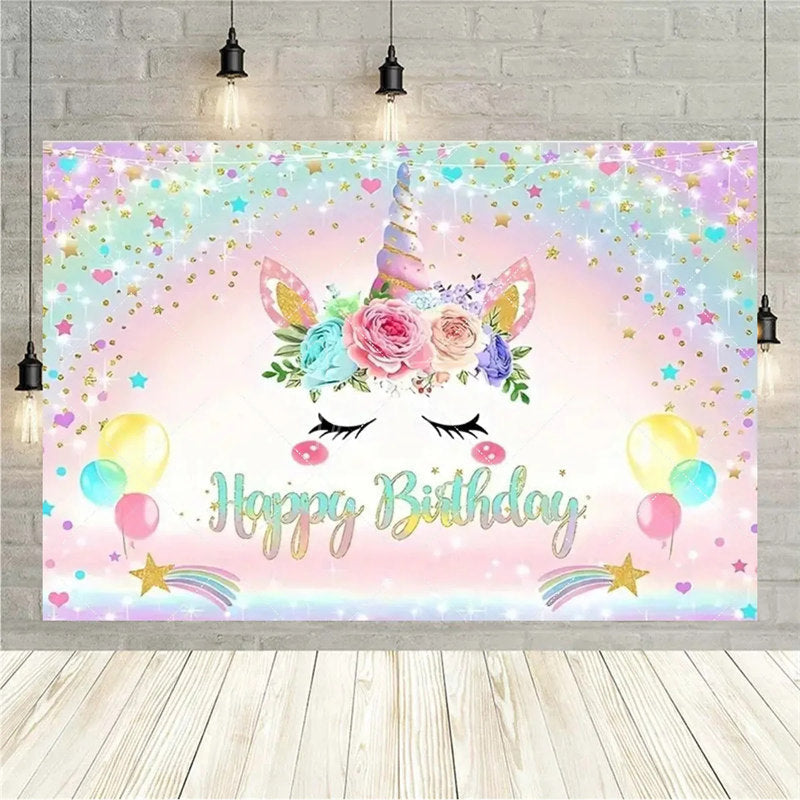 Aperturee Aperturee Floral Unicorn Birthday Backdrop Rainbow Pastel Celebration Whimsical Photography Background