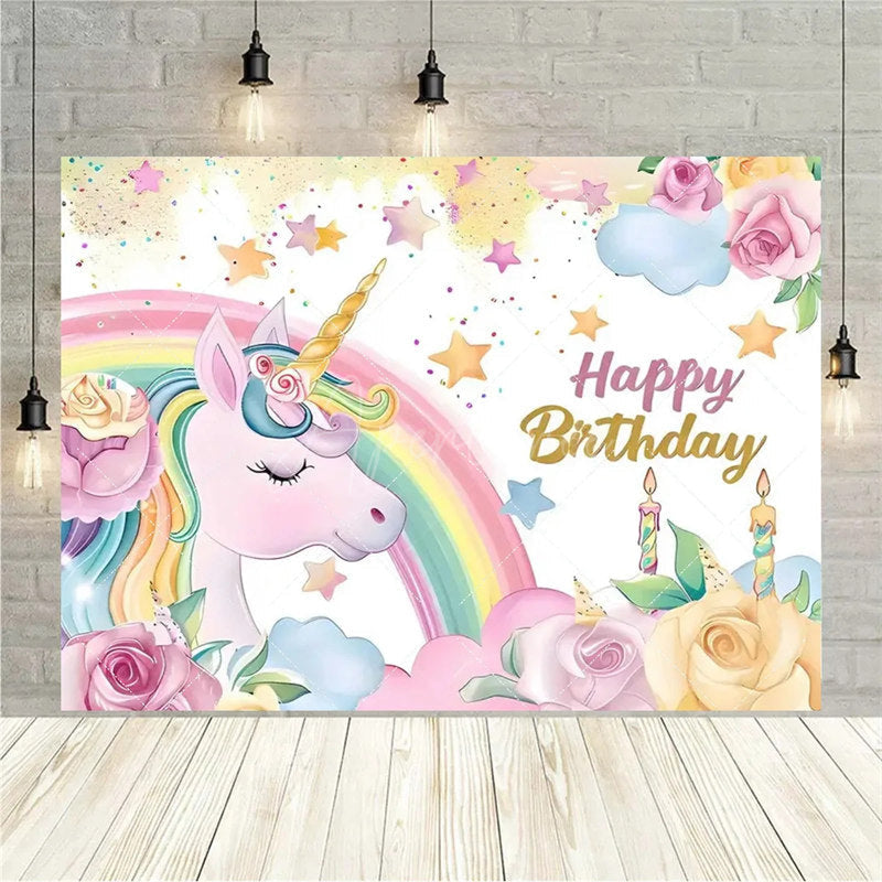 Aperturee Aperturee Floral Unicorn Birthday Backdrop Rainbow Pastel Celebration Whimsical Photography Background