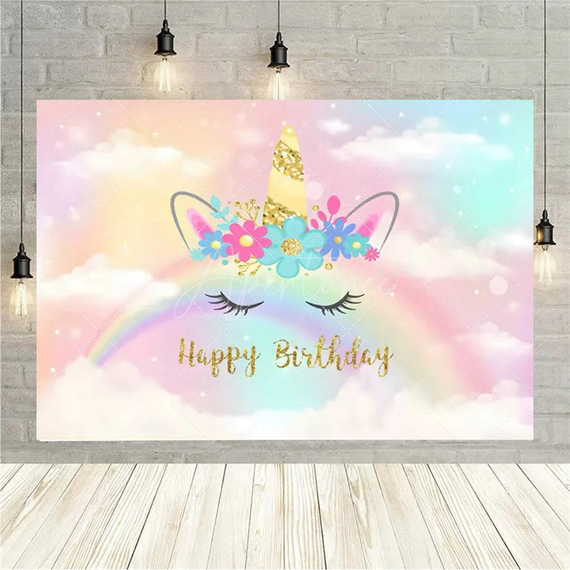 Aperturee Aperturee Floral Unicorn Birthday Backdrop Rainbow Pastel Celebration Whimsical Photography Background