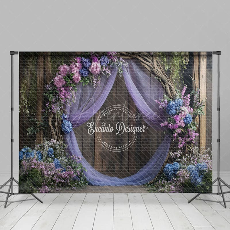Aperturee - Aperturee Floral Violet Curtain Wooden Sweet Wedding Backdrop