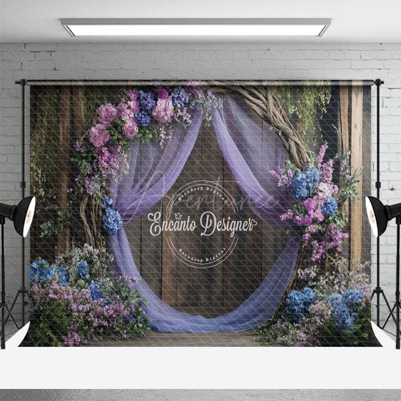Aperturee - Aperturee Floral Violet Curtain Wooden Sweet Wedding Backdrop